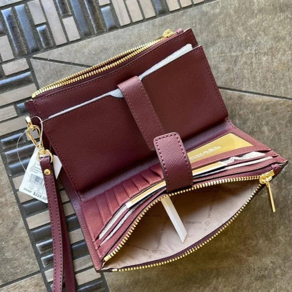 Michael Kors Jet Set Travel Large Double Zip Wristlet Wallet Dark Cherry Leather